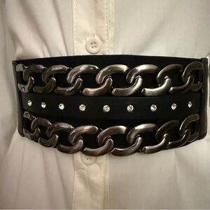 Black PU leather elastic waistband belt with hematite tone chain details
